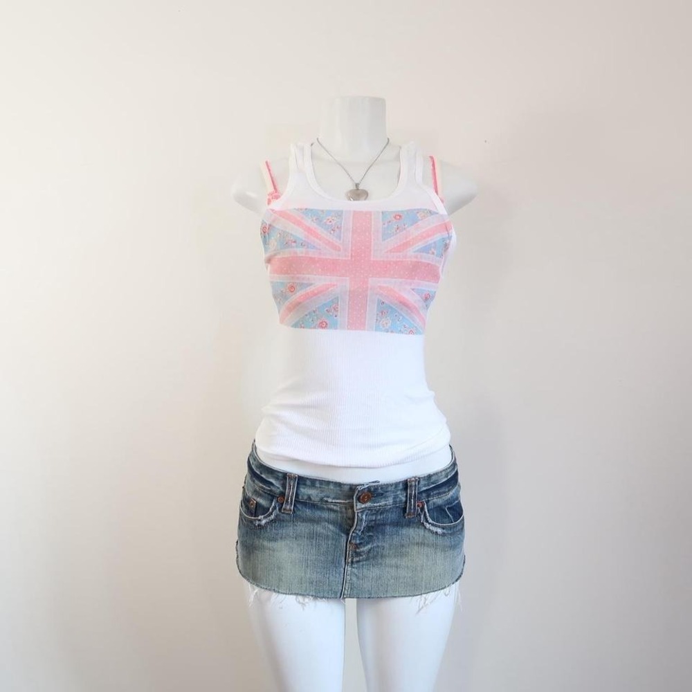 y2k union jack floral graphic tank top ribbed fitted cami - Picture 3 of 7